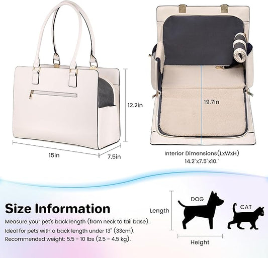 Dog Purse Carrier for Small Dogs, Stylish Foldable Pet Carrier Purse Tote Bag with Washable Cushion & Safety Leash, Airline Approved Puppy Travel Bag with Pockets (White)