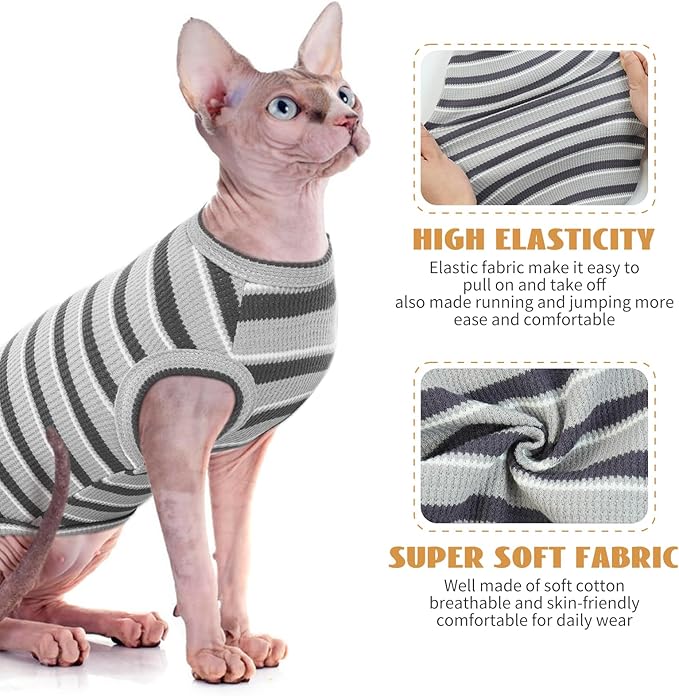 BRKURLEG Hairless Cats T Shirt, Cat Sweaters, Pullover Kitten Shirts, Sleeveless Round Collar Cotton Vest for Cornish Rex Devon Rex Peterbald and Small Dogs Sweater(Grey Stripes, M)