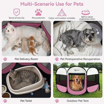 Pink Puppy Playpen for Large Dog Cat, Dog Tent Crates Cage Indoor/Outdoor, Portable Pop Up Dog Kennel with Carrying Bag for Rabbits, (Pink, Large)