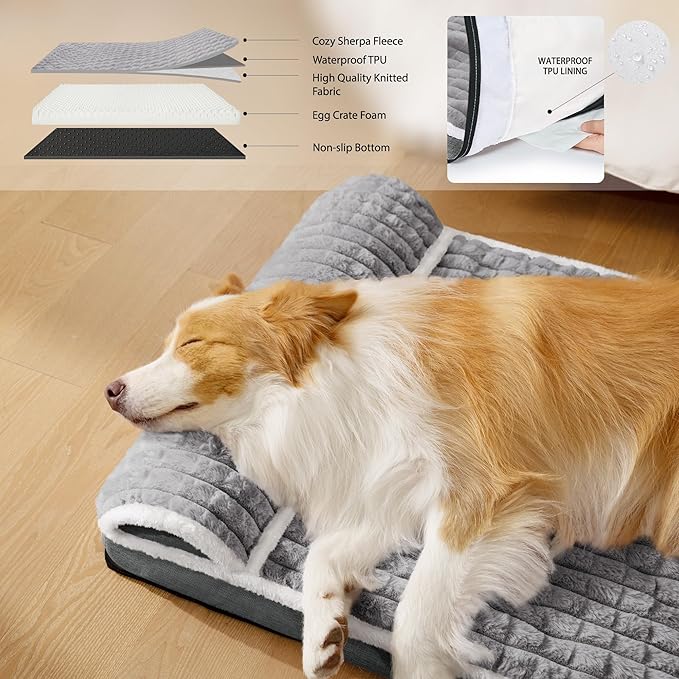 Orthopedic Jumbo Dog Bed Large Sized Dog with Pillow 56''X40'' Waterproof Soft Comfortable Egg Crate Foam Pet Crate Beds Mat with Removable Washable Cover and Non-Slip Bottom, Gray