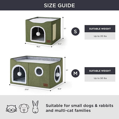 Bedsure Large Cat Beds for Indoor Cats - Extra Wide Cat Cube House for Small Pet with Fluffy Ball Hanging and Scratch Pad, Foldable Pet Cave Hideaway for Multiple Cats, 23.6x16.9x13 inches