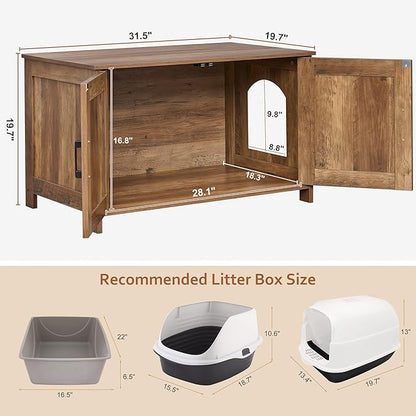 Homhedy Cat Litter Box Enclosure, Wooden Cat Washroom Furniture with Barn Door, Pet House, Fit Most of Litter Box, Rustic Walnut
