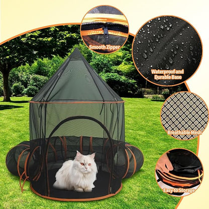 Outdoor Cat Enclosure with Tunnel - Large Portable Pet Playpen Tent for Indoor/Outdoor, Catio Playhouse for Cats, Kittens, Rabbits & Small Animals