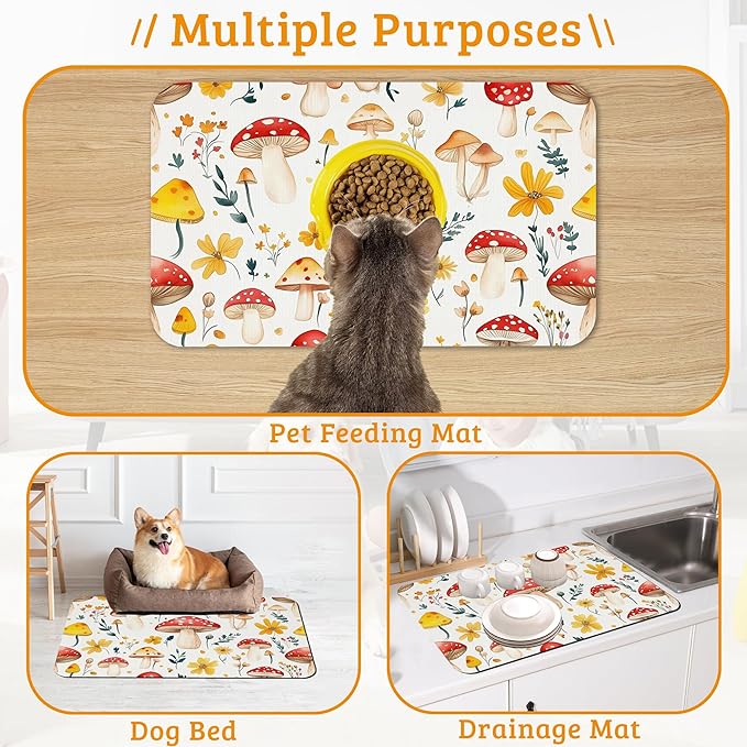 Pet Feeding Mat,Mushroom Absorbent Dog Cat Food Mat Flowers Dog Mat with Rubber Backing,Non-Slip Water Bowl Placemat,Pet Supplies 16" x 24"