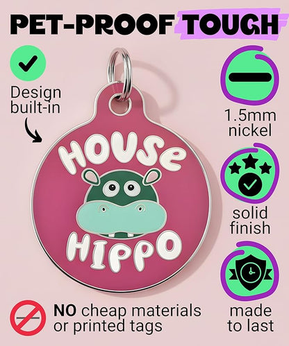 Bad Tags Personalized Dog and Cat ID Tags in 25+ Designs and 2 Sizes - 5 Lines of Custom Engraved Text - Funny Cute Personalized Pet Tags (House Hippo - Pink, Small (1 inch))