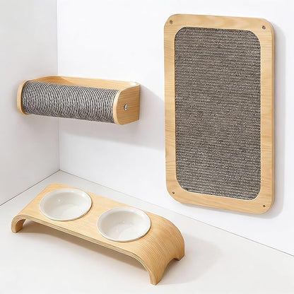 Cat Wall Shelves for Cat Wall Steps, Perch, Ladder, Wooden Floating Modern Mounted Space Saving Furniture with Scratching Cushion Removal Cover for Climbing, Jumping and Sleeping(Feeding Bowl Set)