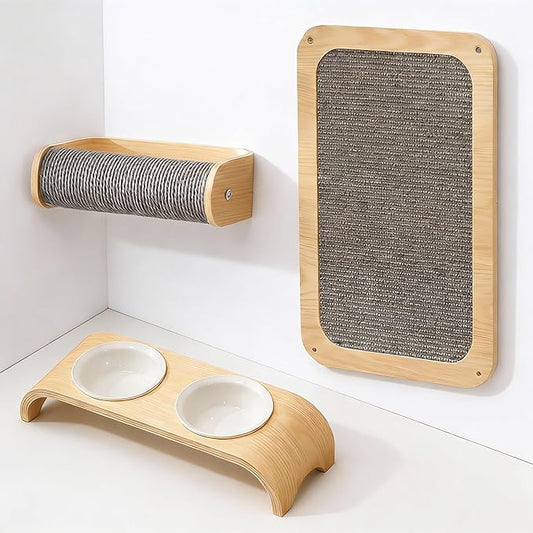 Cat Wall Shelves for Cat Wall Steps, Perch, Ladder, Wooden Floating Modern Mounted Space Saving Furniture with Scratching Cushion Removal Cover for Climbing, Jumping and Sleeping(Feeding Bowl Set)