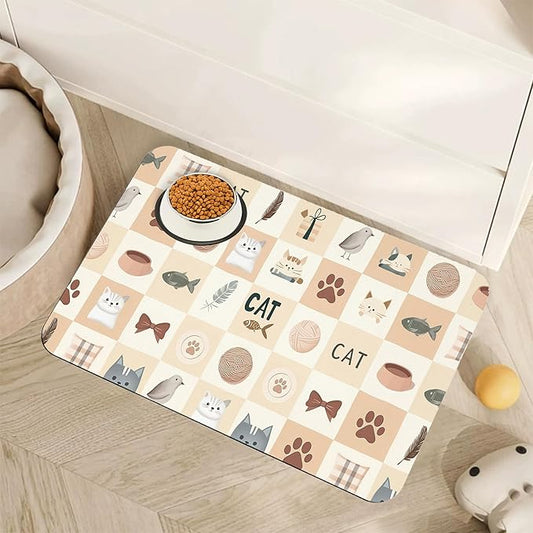 Cute Cat Toy Print Dog Food Mat for Floors,Absorbent Pet Food and Water Bowl Mats,Non-Slip Pet Feeding Mat,Pet Supplies 12" x 20"