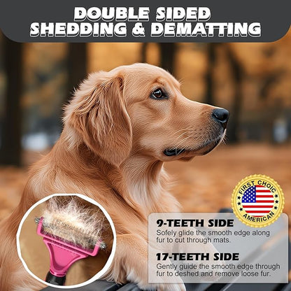 3PCS Pet Grooming Rake & Metal Comb & Flea Comb for Cats and Dogs, Double-Sided Dematting Tool, Extra-Wide Deshedding Dog Brush for Long Hair to Effectively Remove Tangles, Knots and Mats (Pink)