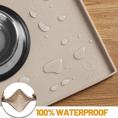 Hubulk Dog Feeding Mat,100% Waterproof Food Grade Silicone Pet Food and Water Bowl Placemat,Dishwasher, High Raised Edge to Prevent Spills,Nonslip Tray to Stop Messes on Floor（24"x16"x0.5", Taupe）