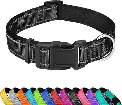 Reflective Dog Collar, Adjustable Soft Neoprene Padded Nylon Pet Collars with Buckle for Extra Large Dogs, Black,XL