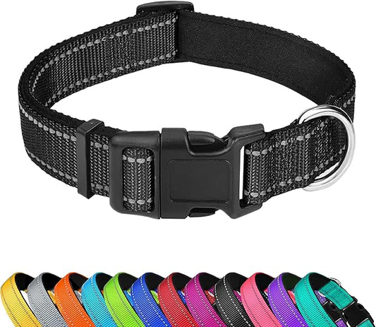 Reflective Dog Collar, Adjustable Soft Neoprene Padded Nylon Pet Collars with Buckle for Extra Large Dogs, Black,XL