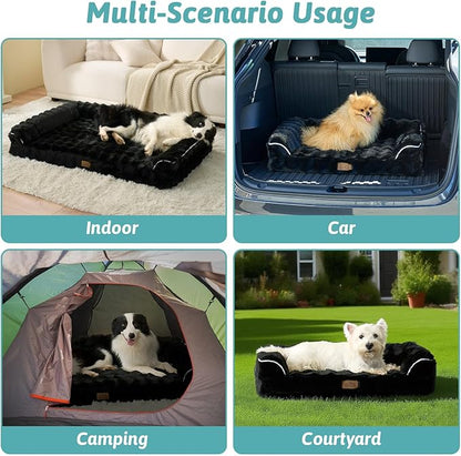 Faux Rabbit Fur Orthopedic Dog Bed, Large Dog Bed, Supportive Foam Pet Sofa with Waterproof Lining Cover, Washable U-Shaped Pet Couch with Anti-Slip Bottom Design, Black XL 42x30x7 inch