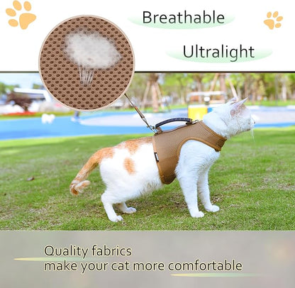 Cat Harness and Leash for Walking Escape Proof Breathable Mesh Fabric, Solid Brown, XX-Large, Adjustable Cat Walking Jackets with Handle, Padded Stylish Cat Vest