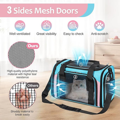 Discala Cat Dog Carrier Pet Carrier for Small Medium Cats Puppies Dog Carriers for Small Dogs Collapsible Soft Sided Cat Travel Carrier - Blue&Pink 21 * 13 * 13
