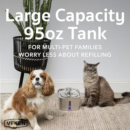 Veken Innovation Award Winner Stainless Steel Cat Water Fountain, 95oz/2.8L Automatic Pet Fountain Dog Water Dispenser with Replacement Filters & Silicone Mat, Gifts for Cats, Dogs (Silver)