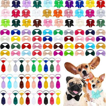 Reginary 100 Pieces Dog Bow Tie Collar Set Include 40 Dog Neckties, and 30 Puppy Bowties, 30 Collar Flowers, Adjustable Pet Ties Grooming for Small Medium Cats Pets Supply(Solid Color)