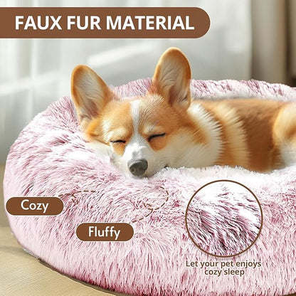 JOLLYVOGUE Calming Dog Bed for Small Dogs - 23 inches Donut Washable Small Dog Bed for Kittens & Puppies, Anti-Slip Round Fluffy Plush Faux Fur Cat Beds (Fits up to 25 lbs Pets, Smoke Pink)