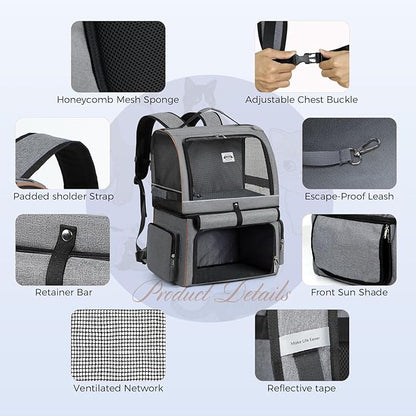 Lekebobor Double Cat Backpack Carrier for 2 Cats, Double-Compartment Pet Carrier Backpack for Two Small Cat or One Medium Cat, Cats Carrier Backpack Dog Carrier Backpack Fits Up to 24 Lbs,Grey