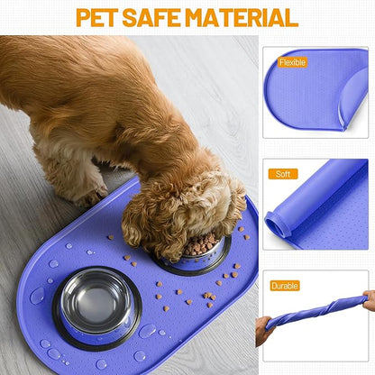 Hubulk 100% Waterproof Silicone Pet Feeding Mat with Raised Edge for Food and Water, Dog Bowl Mats, Cat Bowls Placemat with High Lip Protects Floor for Cats and Dogs (Purple, 32" L x 24" W)