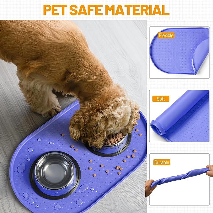 Hubulk 100% Waterproof Silicone Pet Feeding Mat with Raised Edge for Food and Water, Dog Bowl Mats, Cat Bowls Placemat with High Lip Protects Floor for Cats and Dogs (Purple, 24" L x 16" W)