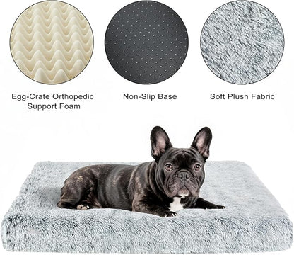 Fluffy Orthopedic Dog Beds for Puppy/Cats with Washable Removable Cover Dog Crate Bed Egg Crate Foam Support Plush Pet Pad Mat with Anti-Slip Bottom(Grey,24 * 16)