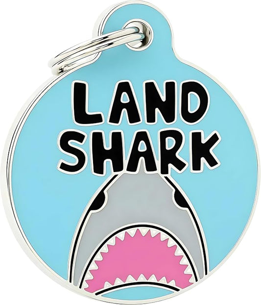 Bad Tags Personalized Dog and Cat ID Tags in 25+ Designs and 2 Sizes - 5 Lines of Custom Engraved Text - Funny Cute Personalized Pet Tags (Land Shark, Small (1 inch))