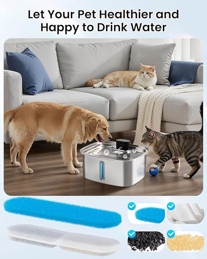 10L Dog Water Bowl Dispenser Fountains Accessories, Pet Cat Water Fountain Stainless Steel, Safe Multi-Filtered Automatic Dispenser for Dogs 2.4G Wi-Fi 2.64Gal/338 Oz (8 Filters & Sponges)