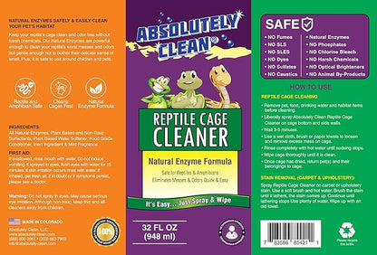 Absolutely Clean Amazing Reptile & Amphibian Terrarium Cleaner and Deodorizer - Just Spray/Wipe - Safely & Easily Removes Reptile & Amphibian Messes - USA Made (32oz Spray Bottle - Save 25%)
