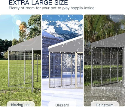 Kullavik 10x10x6 FT Large Outdoor Dog Kennel,Anti-Rust Galvanized Steel Dog Pen with Double Locks,Heavy Duty Dog Enclosure Fence with UV & Water Resistant Roof Cover for Outside