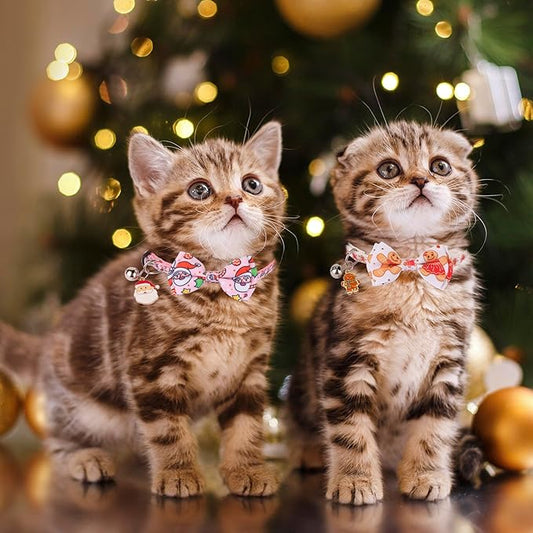 ADOGGYGO Pink Christmas Cat Collar with Removable Bowtie Bell, 2 Pack Pink Santa Gingerbread Man Christmas Collars for Female Cat Kitten