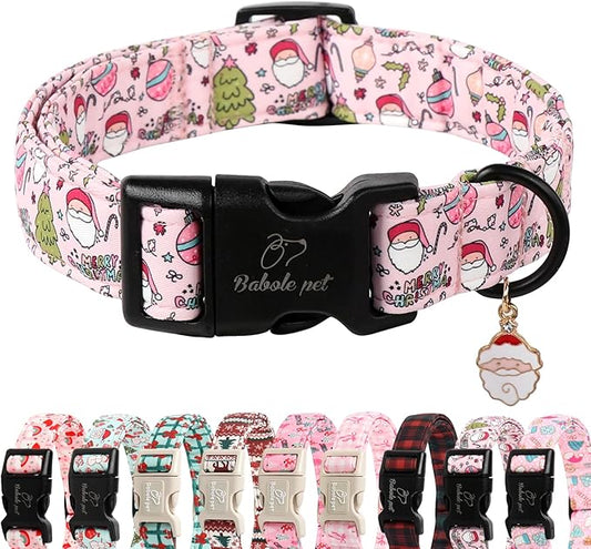 Christmas Dog Collar for Small Dogs - Cute Santa Print Pink Christmas Collars for Dogs, Soft Adjustable Winter Holiday Dog Collars with Quick Release Buckle S