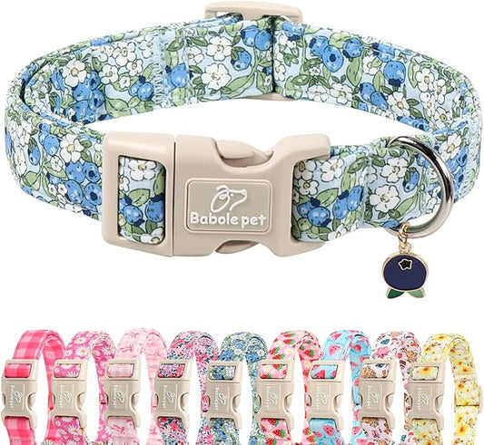 Blueberry Pattern Dog Collar, Cute Light Blue Spring Summer Puppy Collar - Soft Adjustable Designer Dog Collars for Small Medium Large Dogs XL