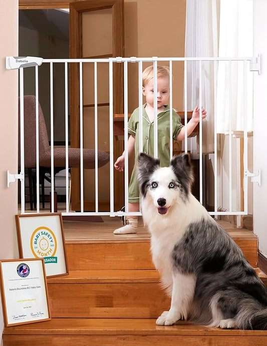 Babelio Baby Gate for Stairs, Kitchen & Doorways, No Bottom Bar| Easy Installation| One-Handed Operation| Auto-Close| Hardware Mount (Drill Needed) Safety Dog Gate (White - B17, 29-49" W, 28" H)