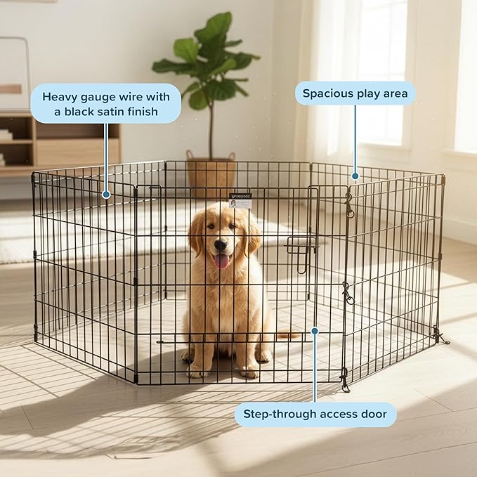 Puppy Playpen - Foldable Metal Exercise Enclosure with Eight 24-Inch Panels - Indoor/Outdoor Fence for Dogs, Cats, or Small Animals by PETMAKER