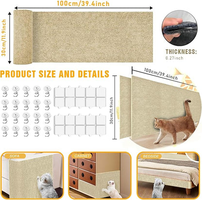 Cat Scratch Mat, 3PCS 39.4"x11.9" DIY Trimmable Self-Adhesive Cats Scratching Mat, Couch Protector from Cats Claw, Cat Scratch Furniture Protector Or Couch Protector (Beige)