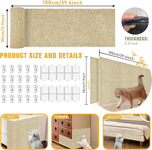Cat Scratch Mat, 3PCS 39.4"x11.9" DIY Trimmable Self-Adhesive Cats Scratching Mat, Couch Protector from Cats Claw, Cat Scratch Furniture Protector Or Couch Protector (Beige)
