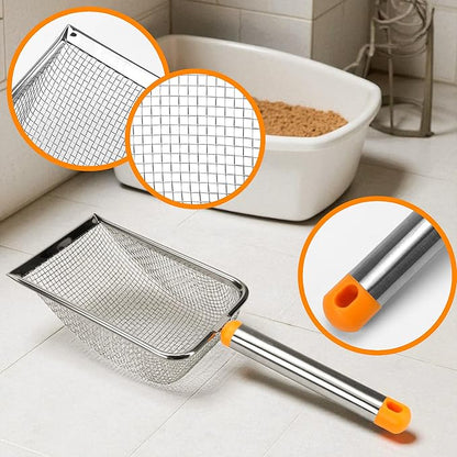 Cat Litter Scoop Stainless Steel Mesh Scooper with Long Handle, Deep Shovel Non-Stick Coated Metal for Box Kitten Pooper Lifter, Regular Scoop, Sifting Poop, Non-Slip Grip, Easy Clean, Hole: 2.8mm