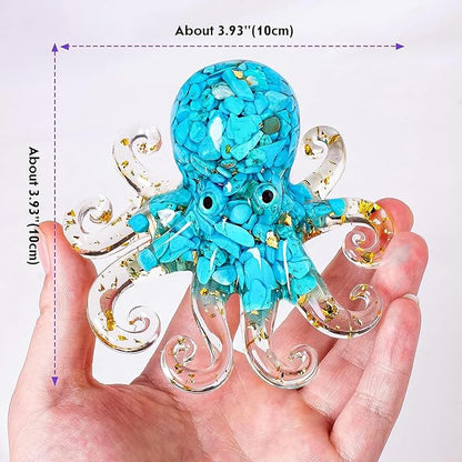 Octopus Decor Aquarium Turquoise Decorative Resin Glass with Natural Crystal Stone Marine Animals Fish Tank Ornaments Statue Healing Home Decor Ladies Gift 3.93"