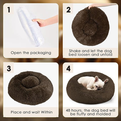 28in Large Dog Bed, Medium Size Dog and Cats, Calming Donut Bed for Puppy and Kitten, Washable Round Fluffy Pet Bed (Coffee)