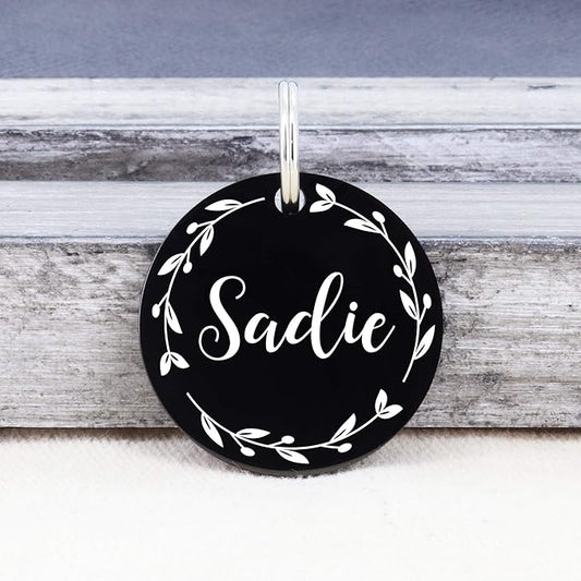 Ultra Joys Stainless Steel Pet ID Dog Name Tag Personalized Front and Back Engraving, Customized for Dogs and Cats, Optional Engraving on Both Sides, Round With Vine Design, Large