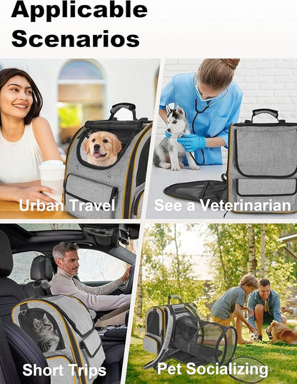 Expandable Cat Carriers for Cats and Small Dogs,Travel Bag with Breathable Mesh Windows, Anti-Escape Leash, Soft Cushion and Lightweight Design,Gray Orange