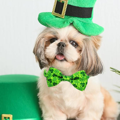 St. Patrick's Day Dog Collar with Bow Tie Set, Green Shamrock Clover Pattern Pet Collar, Adjustable Lucky Irish Holiday Neckwear for Small, Medium, and Large Dogs
