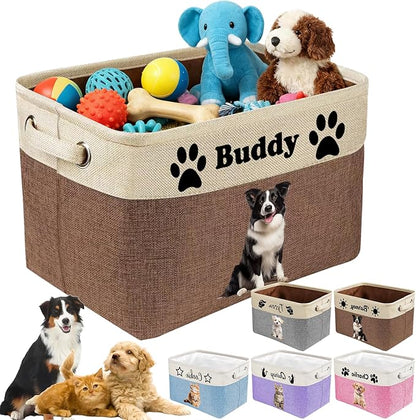 Personalized Dog Cat Toy Storage Basket with Photo & Name, Custom Collapsible Pet Organizer Bin with Handles for Toys, Clothes, Blankets & Pet Supplies