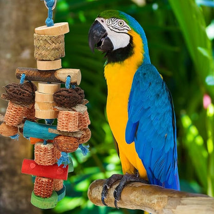 Parrot Chew Toy, Wood, Corn Cob and Nut, Non Edible Coloring, Beak Health, Foraging Toy for Macaws, Conures, Amazons