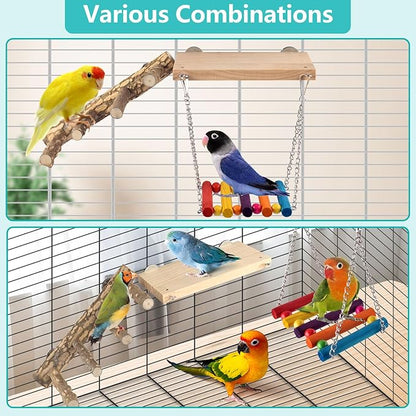 3in1 Bird Perch Toys for Parrots, Wooden Ladder Perch for Cage, Parrot Platform Stand Colourful Swing Hammock Climbing Bridge Exercise Cage Accessories for Budgies Cockatiels Lovebirds Hamster