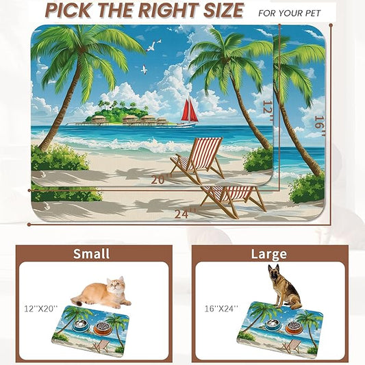 Tropical Beach Dog Food Mat for Floors,Hawaii Palm Tree Absorbent Quick-Dry Pet Feeding Mat,Cat Dog Bowl Mats for Food and Water,Non-Slip Pet Accessories Supplies 16"x24"