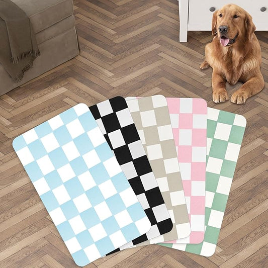 Checkered Dog Food mat, Non-Slip Sole Absorbent Dog and Water Bowl mat, Stain Free Quick Drying Checkerboard pet placemat, Suitable for cat、Puppy Accessories 12"x19"（Blue）