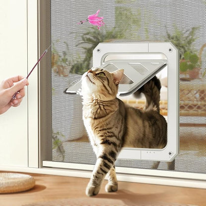 LIBBEPET Cat Door for Screen Door, Lockable Cat Screen Door for Cats & Small Dogs Up to 20 lbs, Magnetic Flap Opening 7 x 9 inches, Equipped with Interactive Cat Toy & Installation Tools, White