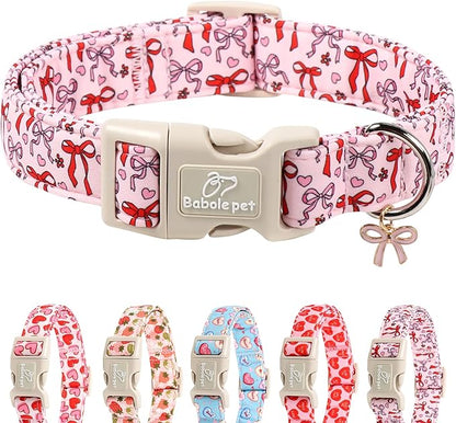 Girl Dog Collar for Large Dogs - Cute Heart Bow Print Girly Dog Collars, Soft Adjustable Spring/Summer Holiday Female Dogs Collar with Quick-Release Buckle XL